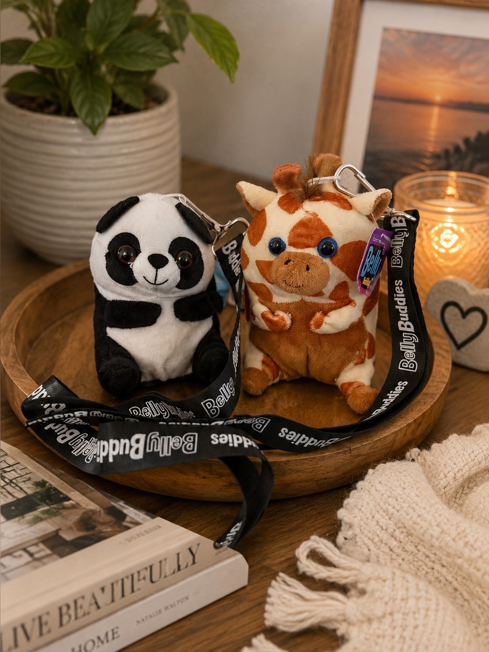 Belly Babies Panda & Giraffe Plush Set | 5” Stuffed Animal Pair w/ Lanyards